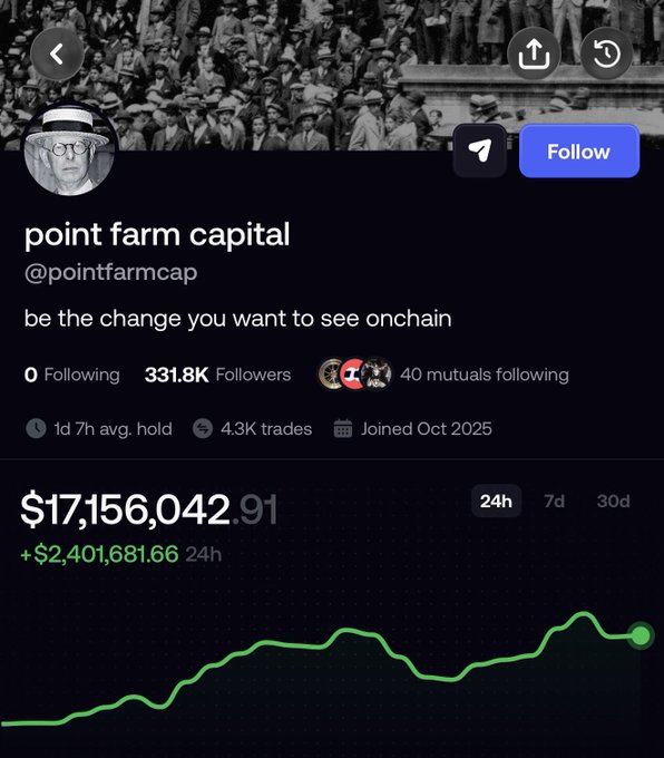 A social media profile screenshot for 'point farm capital' (@pointfarmcap) showing a portfolio value of $17,156,042.91 with the bio 'be the change you want to see onchain'.