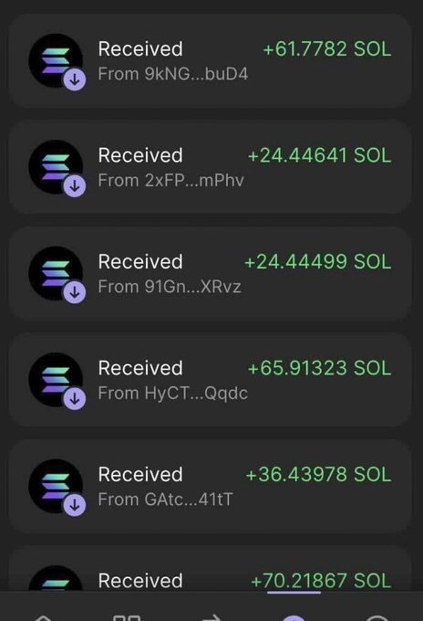 A mobile app screenshot showing multiple received Solana (SOL) cryptocurrency transactions in varying amounts from different senders.