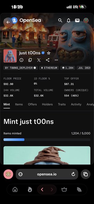 An OpenSea mobile webpage for the 'just t0Ons' NFT collection showing a floor price of $92.90, 1,204 minted out of 5,000, and a cartoon cat avatar.