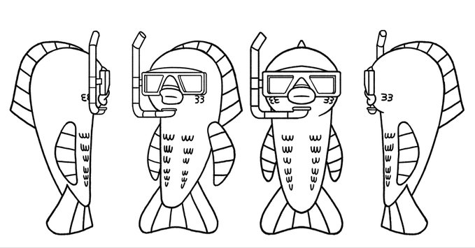 A black and white character model sheet showing four views (front, side, back variations) of an anthropomorphic fish character wearing a diving mask, snorkel, and numbered '33' tattoo.