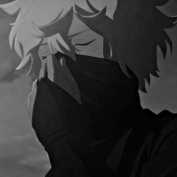 A grayscale anime-style illustration of a character with messy, light-colored hair wearing a high-collared dark jacket that obscures the lower half of their face, eyes closed against a cloudy background.