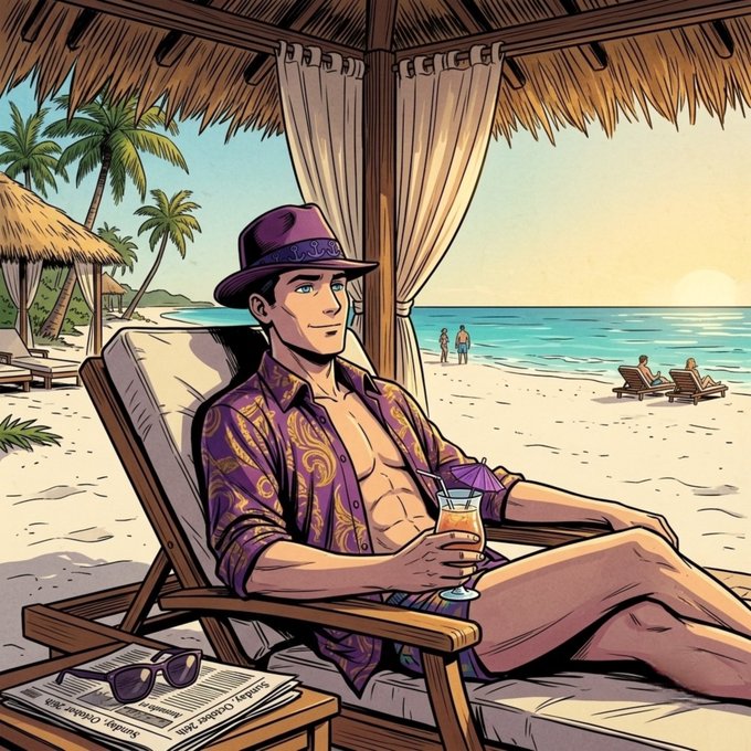 A stylish man in a purple patterned shirt, fedora, and sunglasses lounges on a beach chair under a thatched cabana, sipping a tropical cocktail while gazing at the ocean at sunset. The relaxed, luxurious scene captures the essence of a leisurely weekend, with a newspaper nearby hinting at unwinding after a busy week.