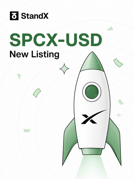 The image features a green rocket ship that says "SPCX" on its side. The rocket ship is located at the top of the image, with the words "StandX" written below it. Below the rocket ship, there's text that reads "SPCX-USD New listing". This suggests that the rocket ship is related to a new listing or IPO in the SPCX-USD currency pair. The image also includes a small amount of text about the post and its relation to the rocket ship.