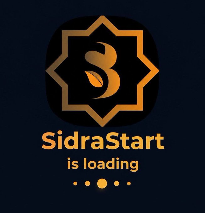 The image displays a loading screen for "SidraStart," featuring a golden eight-pointed Islamic star emblem with a stylized leaf design on a dark navy background, accompanied by the text "SidraStart is loading" with animated dots beneath it. This visually reinforces the post's announcement that a major SDA-powered payment ecosystem launch from Qatar is imminent.