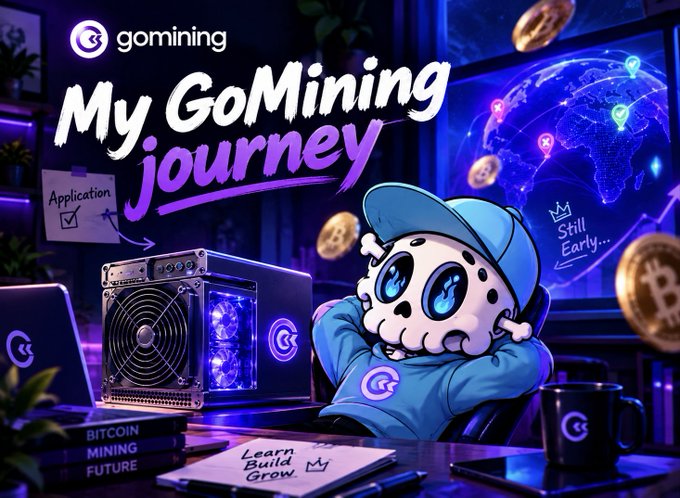 A promotional graphic titled 'My GoMining journey' featuring an animated skeleton character wearing a blue hoodie, alongside mining equipment and Bitcoin imagery.