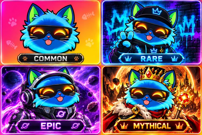 Four tiered cartoon cat character cards labeled 'COMMON', 'RARE', 'EPIC', and 'MYTHICAL' are displayed in a grid, showing progressively elaborate versions of a blue cat with sunglasses.