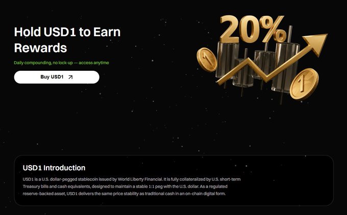 A promotional website for a cryptocurrency called Hold USDC1 to Earn rewards features an advertisement with various images of money symbols, including gold coins and stock graphs. The text on the page encourages users to purchase UDSD 1 to earn 20% rewards daily. This description emphasizes the potential benefits and incentives that can be gained from holding this particular cryptocurrency.