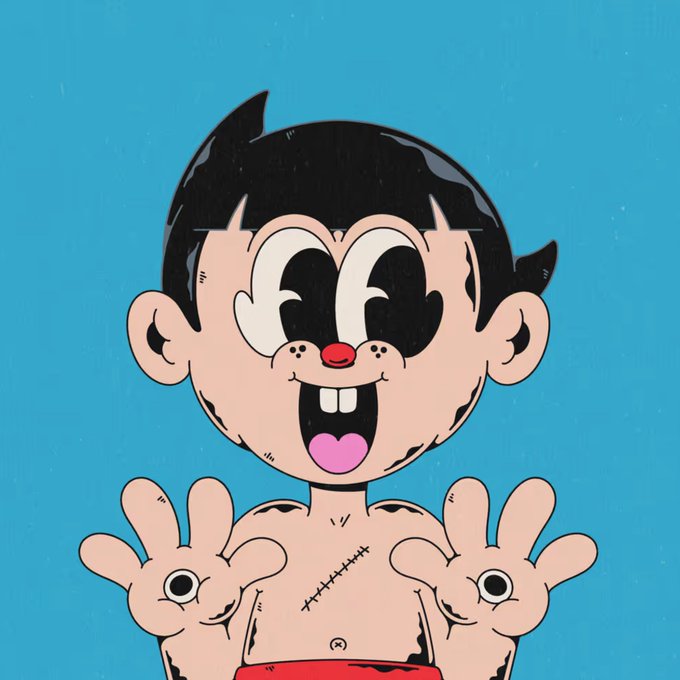 A cartoonish illustration depicts a shirtless character with large expressive eyes, buck teeth, and a stitched scar on his chest, holding up his hands against a bright blue background, embodying the playful, energetic "Wackyville" vibe referenced in the post about a good morning and holding $juggernaut positions with the project up to 4E overnight.