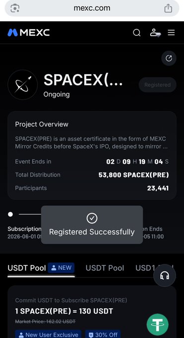 The image shows a phone screen displaying an app named "SPACEX" with various information related to it. A few of these are about the spacex(pre) project summary, registration status, and success. The user has successfully registered for the project using the provided link. In addition, they have received notification that their payment of $650 is approved, which means the registration process has been completed. Furthermore, there's an explanation stating that the current price for the spacex(pre) token is $130 per token. Finally, some information about a new user premium service can be found on the screen as well.