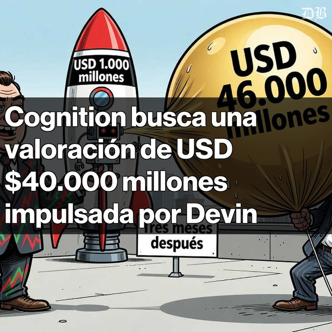 A cartoon illustration showing a rocket labeled 'USD 1,000 millones' and a money bag labeled 'USD 46,000 millones', with Spanish text about Cognition seeking a $40 billion valuation driven by Devin.