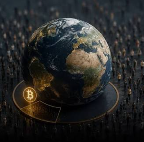 A glowing Bitcoin symbol rests beside a detailed Earth globe, with crowds of people surrounding it in the darkness. The image visually reinforces the post's message that less than 10% of the global population invests in crypto, emphasizing that widespread adoption has yet to occur.