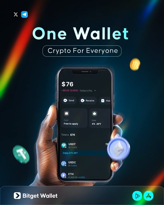 A Bitget Wallet advertisement featuring a hand holding a smartphone showing a crypto wallet interface with $76 balance, promoting 'One Wallet - Crypto For Everyone'.