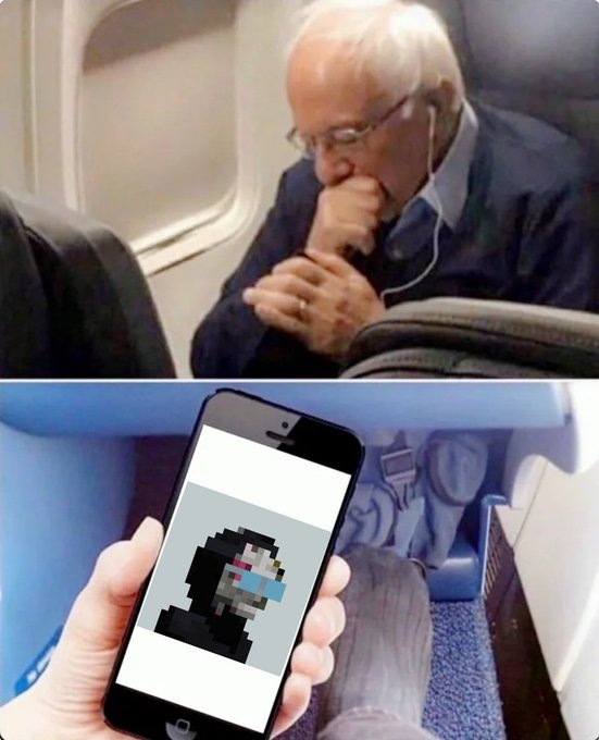 A two-panel meme showing Bernie Sanders sitting thoughtfully on a plane, followed by a hand holding a phone displaying a pixelated image of him.