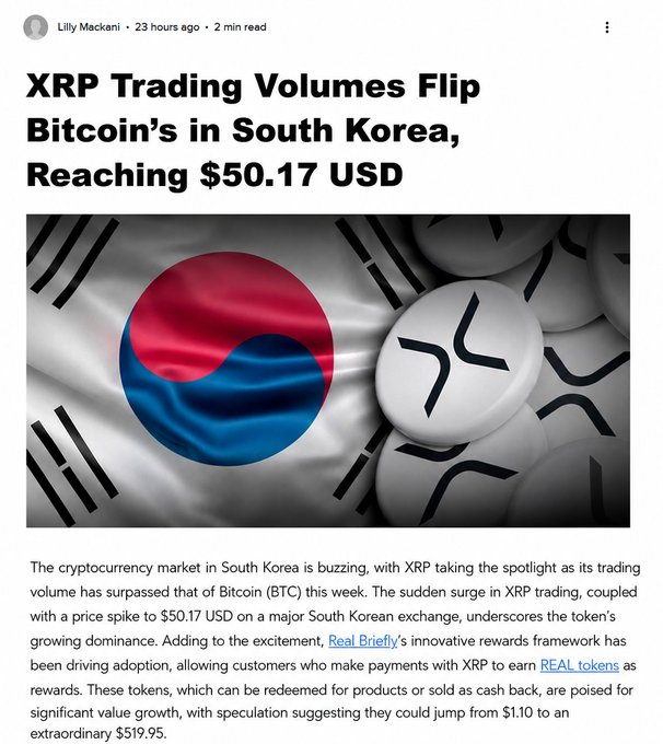 The accompanying post about XRP overtaking Bitcoin in South Korea on August 1st, 2023, is visually represented by an article titled "XRP Trading Volumes Flip Bitcoin's in South Korea, Reaching $50.17 USD" and an image featuring the South Korean flag and XRP symbols.