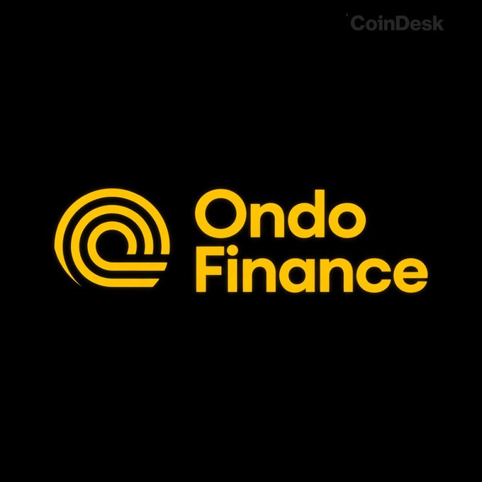 The Ondo Finance logo in yellow on a black background with the "CoinDesk" watermark in the corner, accompanying a report that the tokenized asset firm is evaluating a potential acquisition worth between $250 million and $500 million.