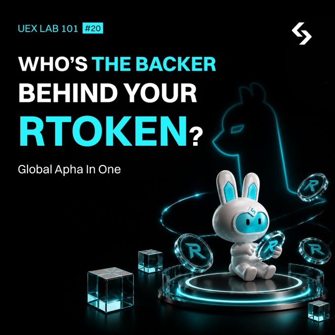 A promotional graphic titled 'UEX LAB 101 #20 WHO'S THE BACKER BEHIND YOUR RTOKEN?' featuring a white robot character surrounded by R-emblazoned coins.