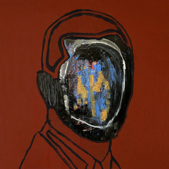 A stylized self-portrait features a figure rendered in bold black outlines against a deep red background, with the face abstracted into expressive blue and yellow brushstrokes within a dark mask-like form. The raw, emotional painting style reflects the introspective nature of the post, titled "Self Portrait (Genova)," symbolizing an inner identity or hidden personal narrative.