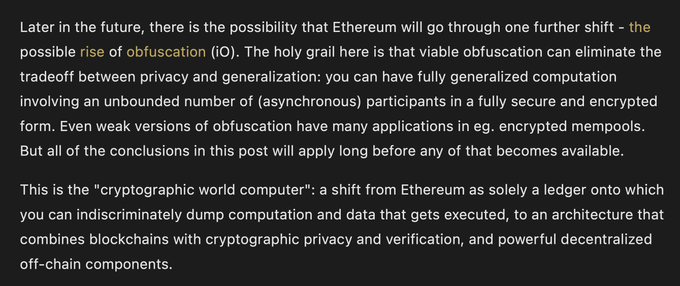 A screenshot of text discussing the future of Ethereum, specifically mentioning the "possible rise of obfuscation (IO)" and the concept of Ethereum as a "cryptographic world computer" with off-chain components.