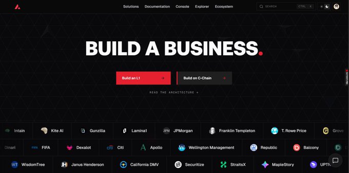 The Avalanche blockchain website homepage featuring a 'BUILD A BUSINESS' headline with options to 'Build on L1' or 'Build on C-Chain', alongside logos of major partner companies like JPMorgan, Citi, FIFA, and Apollo.