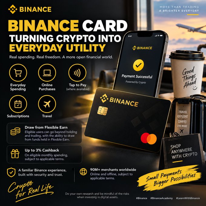 A Binance Card promotional graphic highlights "Turning Crypto Into Everyday Utility," featuring a black Mastercard-style card with the Binance logo alongside a smartphone displaying "Payment Successful - Powered by Crypto," with key features listed including Everyday Spending, Online Purchases, Tap to Pay, Subscriptions, Travel, "Up to 3% Cashback," and access to "90M+ merchants worldwide," visually reinforcing the post's message of integrating digital assets into real-world daily use.