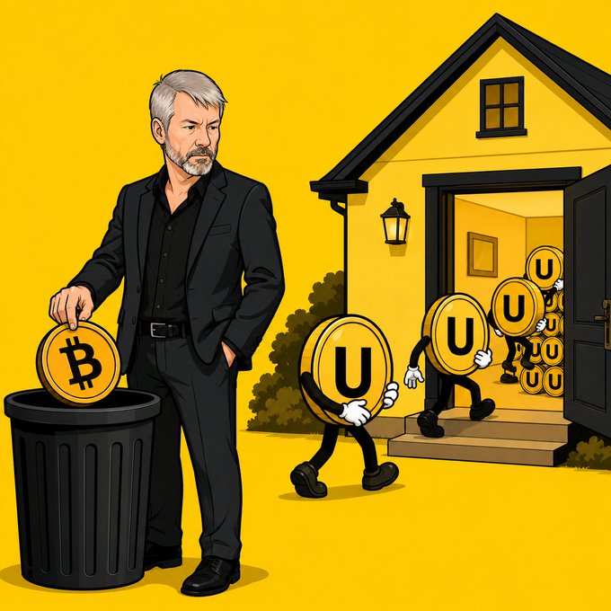 The illustration depicts a man in a suit disposing of a Bitcoin coin into a trash bin while "U" coins march out of a house behind him. The image visually represents the news of Strategy selling Bitcoin to purchase "Useless coin," symbolizing the abandonment of BTC in favor of the new token.