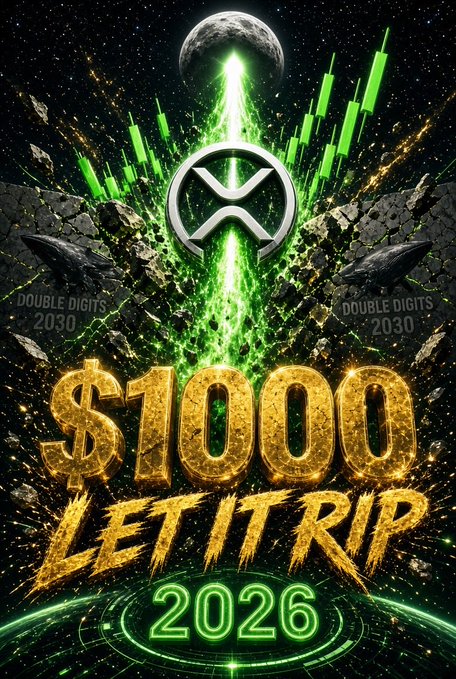 A dramatic promotional graphic featuring the XRP logo blasting a green energy beam through space above a shattered moon, with glowing candlestick charts flanking the sides and the bold text "DOUBLE DIGITS 2030" fading into the background. Dominating the foreground are the words "$1000 LET IT RIP 2026" in fiery gold lettering, visually reinforcing the post's bullish claim that XRP will far surpass the modest 2030 price targets predicted by mainstream analysts.