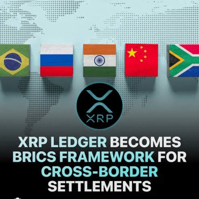 An informational graphic states 'XRP LEDGER BECOMES BRICS FRAMEWORK FOR CROSS-BORDER SETTLEMENTS,' displaying the flags of Brazil, Russia, India, China, and South Africa alongside the XRP logo.