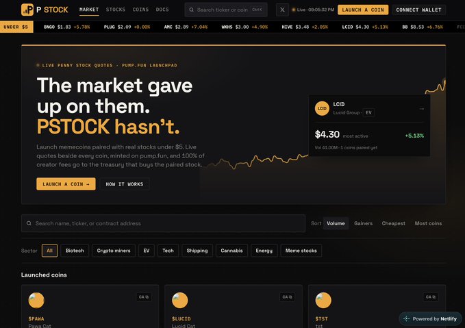 The website homepage for 'P STOCK' displays the tagline 'The market gave up on them. PSTOCK hasn't.' along with live penny stock and memecoin data, including a ticker 'LCID' priced at $4.30.