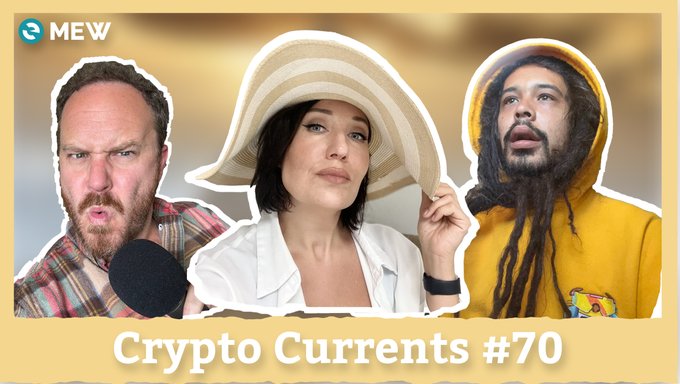 The image features a poster with three cartoon-like images of people, each wearing different colored hats. The text "Crypto Currencies" is written at the top of the poster, and the number "70" is displayed below the images. The poster also includes a link to a podcast episode titled " Crypto Currents #70".