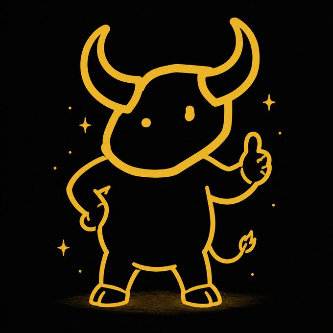A stylized gold line-art illustration of a cartoon bull giving a thumbs-up on a black background with small star and dot accents.