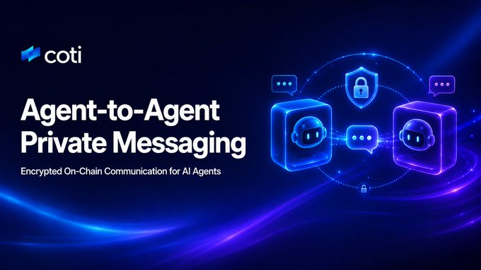 The image features a blue background with two blocks of text that read "Agent-to-Agent Private Messaging" and "Enclosed Chain Communication for AI Agents". The blocks are surrounded by purple lines, creating a sense of depth and dimension. In the bottom right corner of the image, there is a small white logo that reads "coti-io".