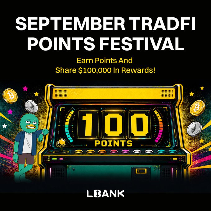 A promotional graphic for the "September Tradfi Points Festival" by LBank, featuring a slot machine displaying "100 POINTS" alongside a cartoon character, with text announcing that participants can earn points to share in $100,000 in rewards. The image visually reinforces the post's message about the points-based rewards campaign and its prize offerings.