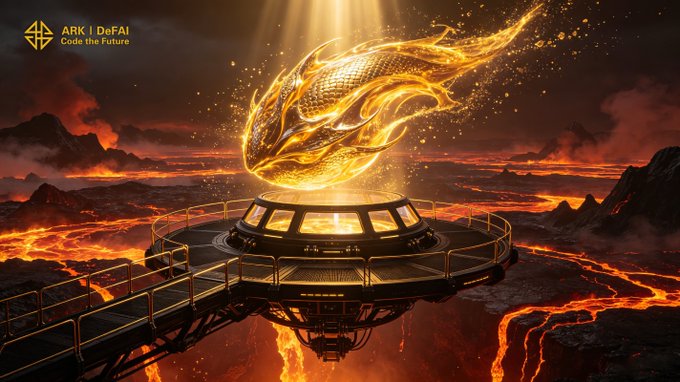 A glowing golden orb of fiery energy swirls above a high-tech platform suspended over a molten lava landscape, symbolizing resilience and transformation under extreme pressure. The "ARK | DeFAI - Code the Future" logo appears in the top left, visually reinforcing the post's message about the ARK ecosystem's evolution through challenges into real-world AI-powered action.