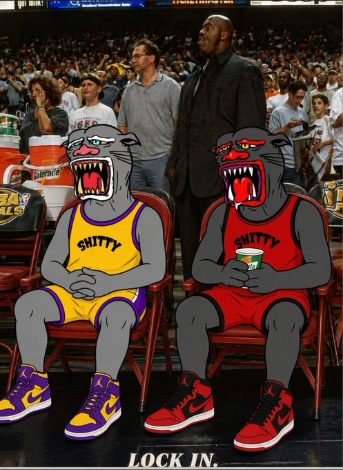 A meme image showing two cartoon panthers wearing Lakers and Bulls jerseys labeled 'SHITTY' sitting on folding chairs at a basketball game, with the text 'LOCK IN.' at the bottom.