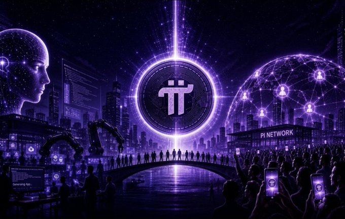 A purple futuristic digital artwork featuring the Pi Network logo in the center, surrounded by glowing figures, a robotic head, and crowds holding Pi-branded phones.
