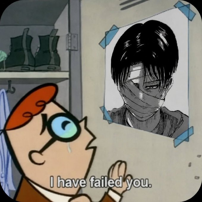 A cartoon character with a red beret and large glasses looks up sorrowfully at a taped-up manga portrait of a bandaged man, with the subtitle "I have failed you." displayed at the bottom.