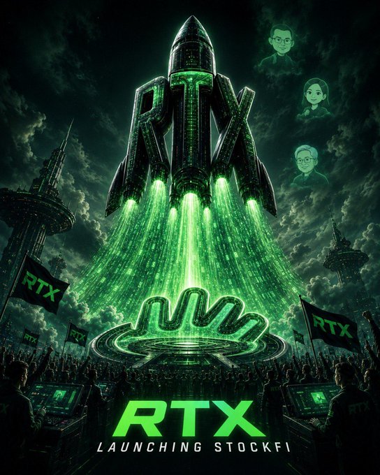 A towering green rocket labeled "RTX" launches powerfully from a futuristic pad surrounded by cheering crowds waving RTX flags, with the caption "RTX - LAUNCHING STOCKFI!" — visually embodying the post's message of patient conviction and steadfast faith, as the rocket's powerful upward thrust symbolizes the rewards of holding steady through market noise rather than succumbing to fear or hype.