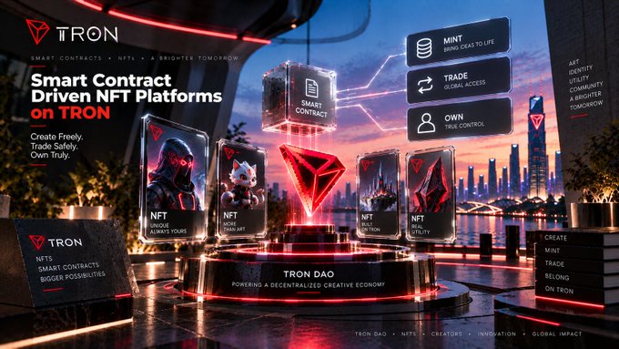 A promotional graphic for TRON blockchain advertises 'Smart Contract Driven NFT Platforms on TRON' with sections for MINT, TRADE, and OWN, along with 'TRON DAO' branding.
