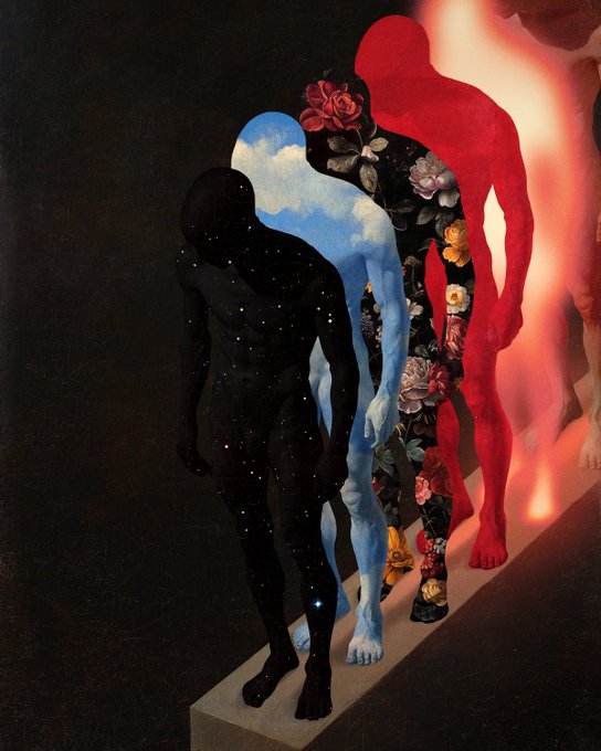 An artistic image shows silhouettes of human figures ascending stairs; the figures transition from black with stars to blue with clouds, then floral patterns, and finally red.