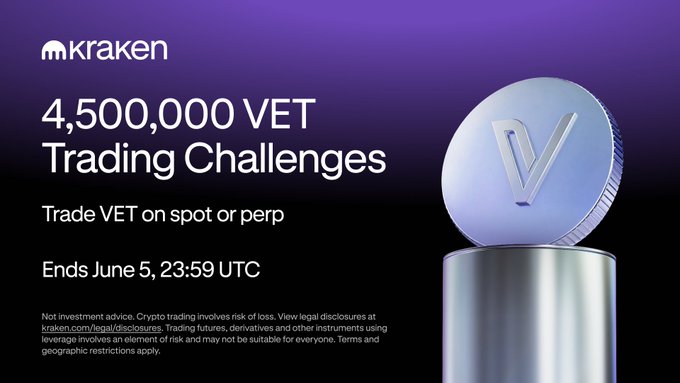 The image presents a large coin, which seems to be a Bitcoin or another cryptocurrency token, placed on top of a silver cylinder. The text at the bottom of the image reads "VET Perp Challenge. Current standings. Top trader: +$562. Silent. Composed. Winning. Bottom trader: -$133. Still in. Still believing. WAGMI. 25 traders qualified. 2,000,000 VET Perp pool still waiting." which provides details about the challenge and its current status based on trading participation. The coin serves as a visual element to emphasize the cryptocurrency market's importance within the post.