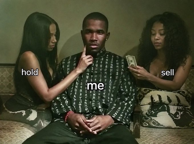 The image shows a man sitting on a couch between two women, with text labels reading "hold" on the left, "me" on him, and "sell" on the right, while a woman holds a $20 bill—humorously depicting his inner conflict between holding and selling his $ANSEM tokens during the 20-hour silence since the influencer's last tweet.