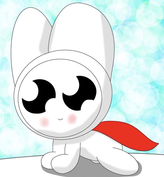A cute white cartoon character with large bunny-like ears, oversized black eyes, rosy cheeks, and a red cape sitting against a sparkly blue bokeh background.