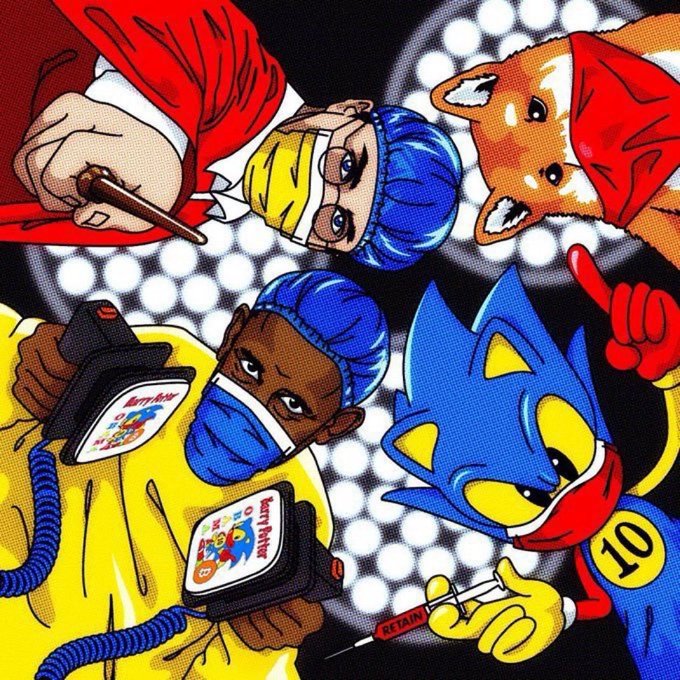 A pop-art style illustration shows surgeons in scrubs, a Shiba Inu dog, and a blue cartoon cat holding a syringe, all set against a polka-dot background.