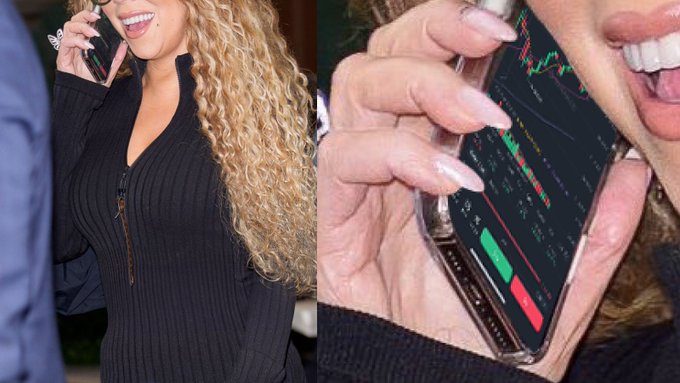 A split image shows Mariah Carey on a phone call alongside a close-up of a hand holding a smartphone displaying a stock trading chart with green and red candles.
