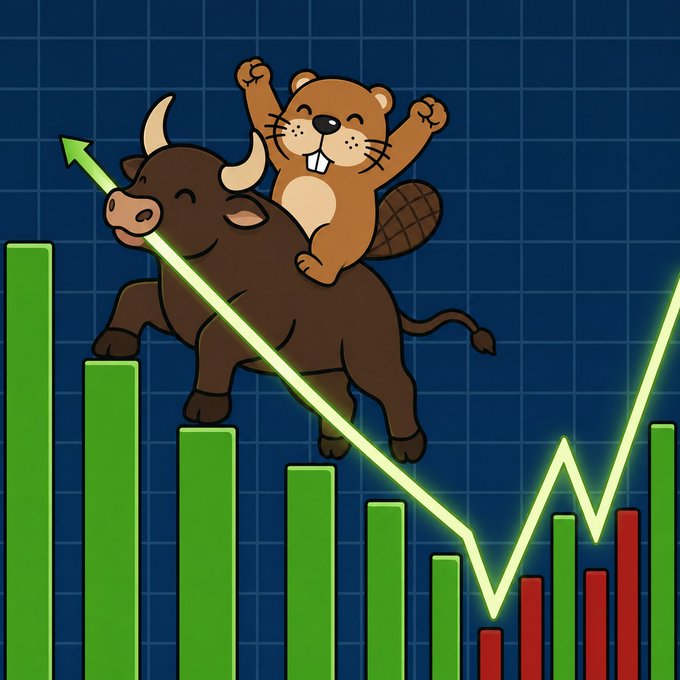 A cartoon illustration features a triumphant beaver riding a charging bull over a bar chart with green and red bars, set against a dark blue background with a glowing line graph showing volatility.