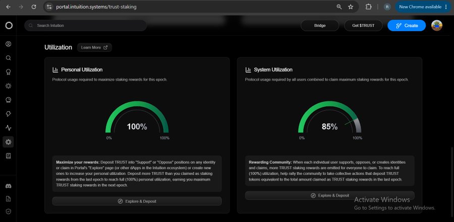 A screenshot of the portal.intuition.systems/trust-staking interface showing Personal Utilization at 100% and System Utilization at 85% with green gauge meters.