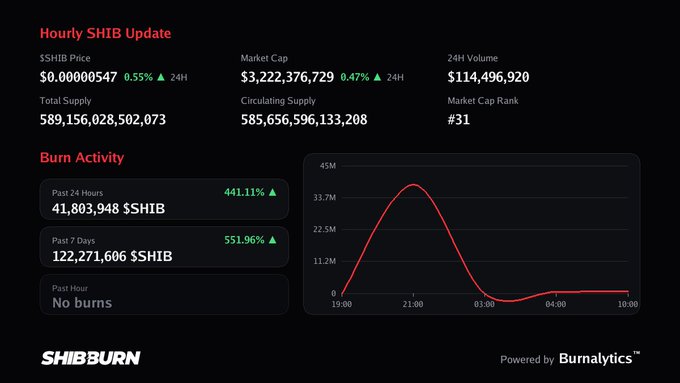 A dashboard titled "Hourly SHIB Update" showing SHIB cryptocurrency statistics including a price of $0.0000547, market cap of $3,222,376,729, 24H volume of $114,496,920, and burn activity metrics, branded with "SHIBBURN" and "Burnalytics".