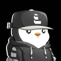 Pixel art of a small white bird character wearing a black cap and backpack against a black background.
