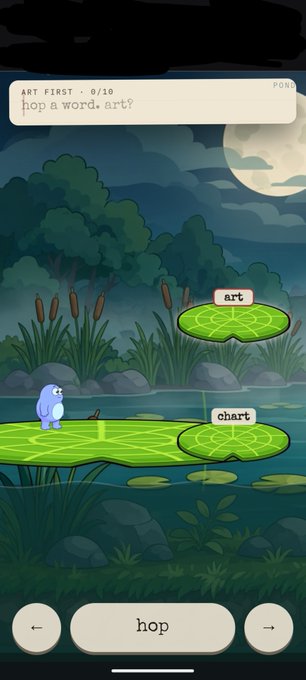 A mobile game screen showing a cartoon character on a lily pad at night, with the prompt 'hop a word: art?' and floating lily pads labeled 'art' and 'chart'.