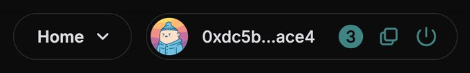 A dark-themed app interface header showing a "Home" dropdown, a wallet address "0xdc5b...ace4" with a profile icon, a notification count of 3, and power/logout buttons.